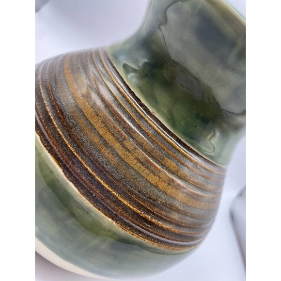 Studio Art Pottery Vase Hand Painted in Green with Textured Brown Stripes - Picture 4 of 11